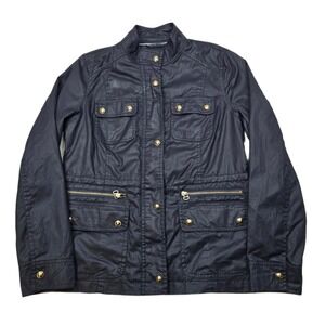 Tommy Hilfiger Waxed Field Jacket Women Large Navy Blue Gold Hardware Utility